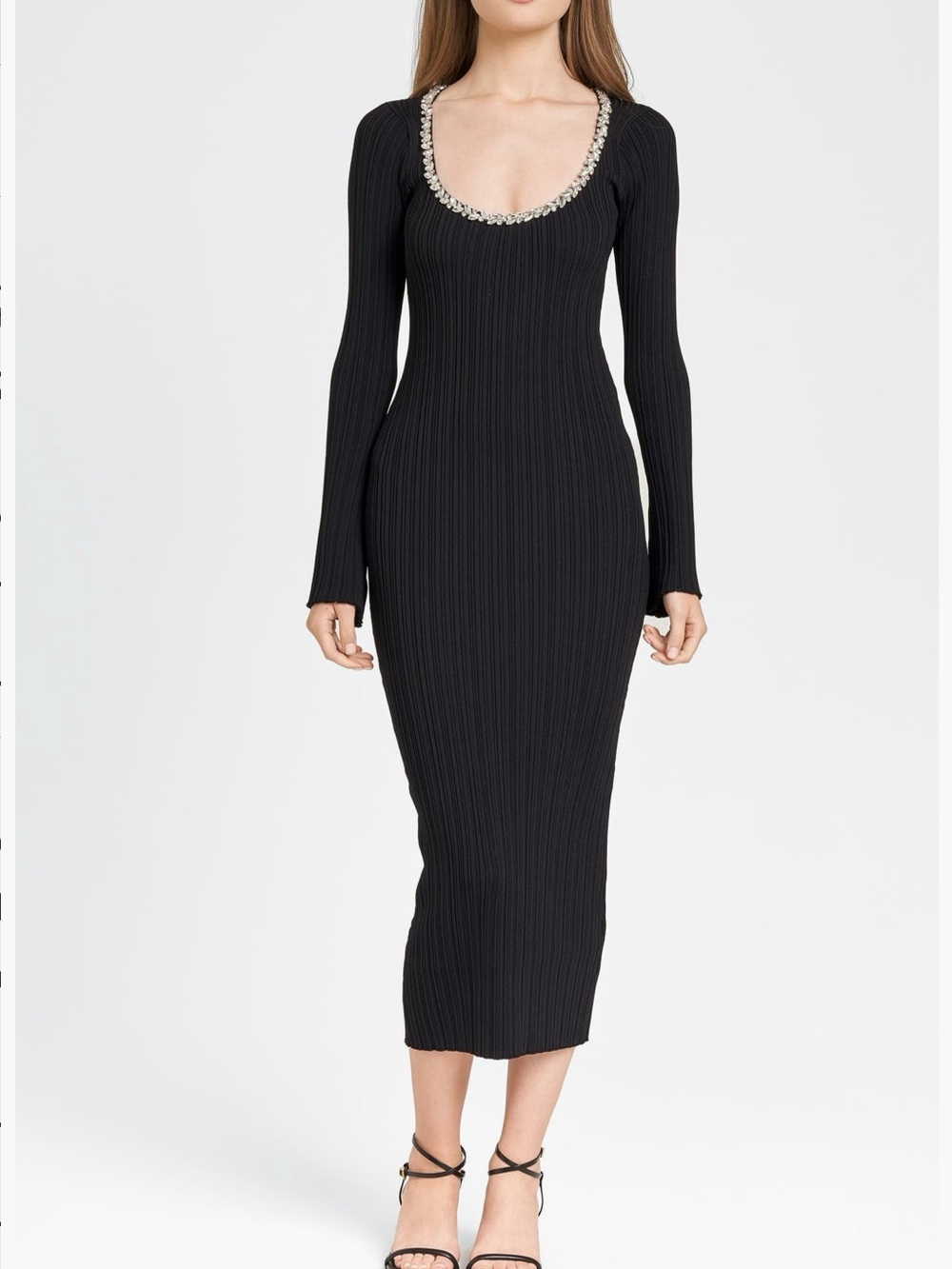 WAYF Black Ribbed Long Sleeve Midi Dress with Embellished Scoop Neck